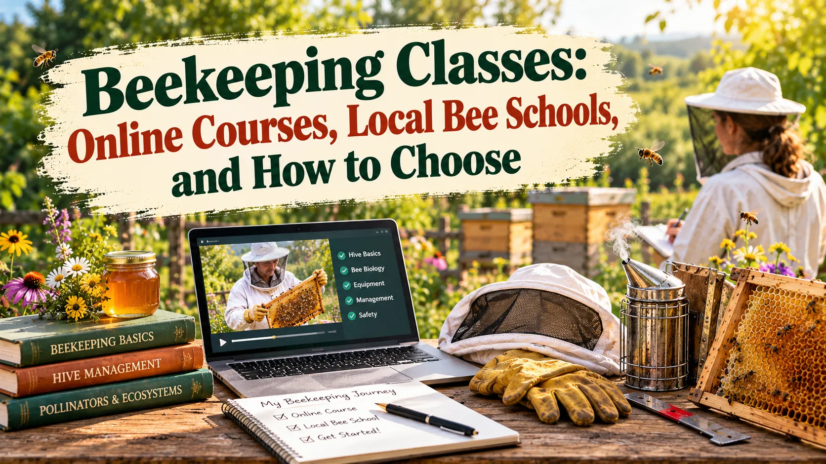 A laptop showing an online beekeeping course next to beekeeping books, a notebook, a veil, gloves, and a smoker, with a beekeeper in the background, under the title Beekeeping Classes: Online Courses, Local Bee Schools, and How to Choose
