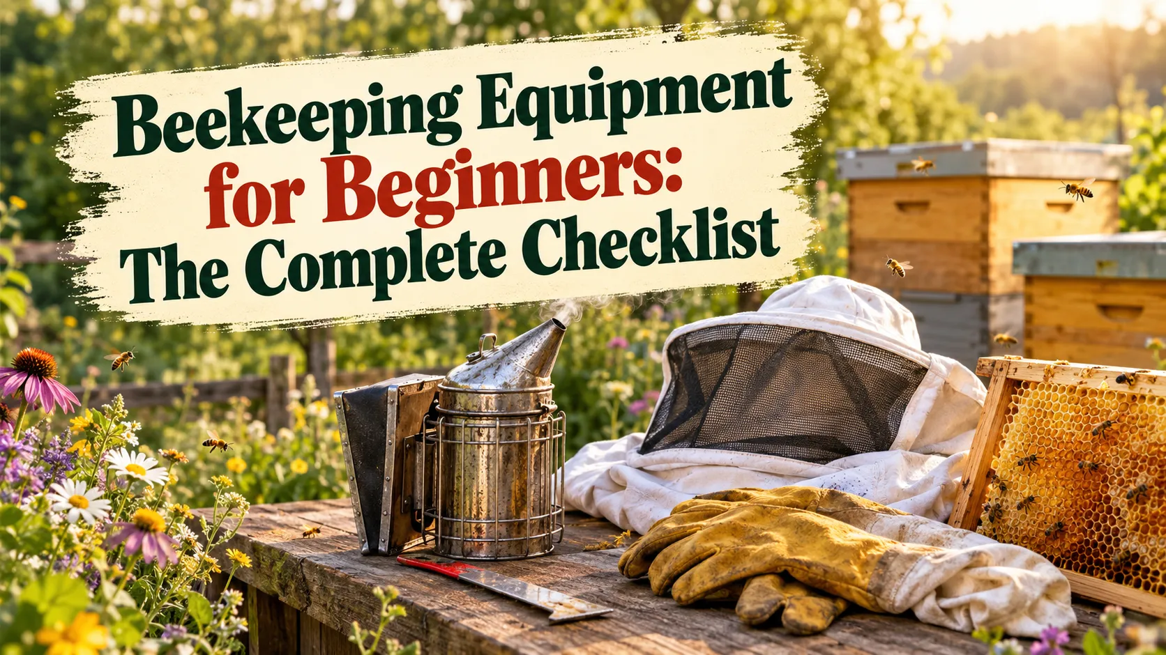A bee smoker, hooded veil, leather gloves, hive tool, honeycomb frame, and a handwritten equipment checklist on a table in front of beehives, under the title Beekeeping Equipment for Beginners: The Complete Checklist
