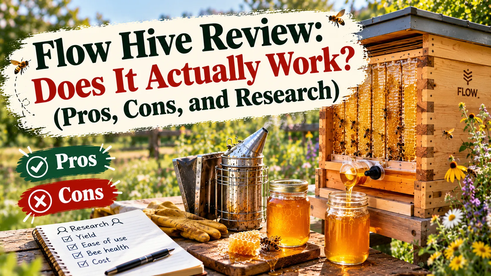 A Flow Hive with honey frames, under the title Flow Hive Review: Pros, Cons and Research