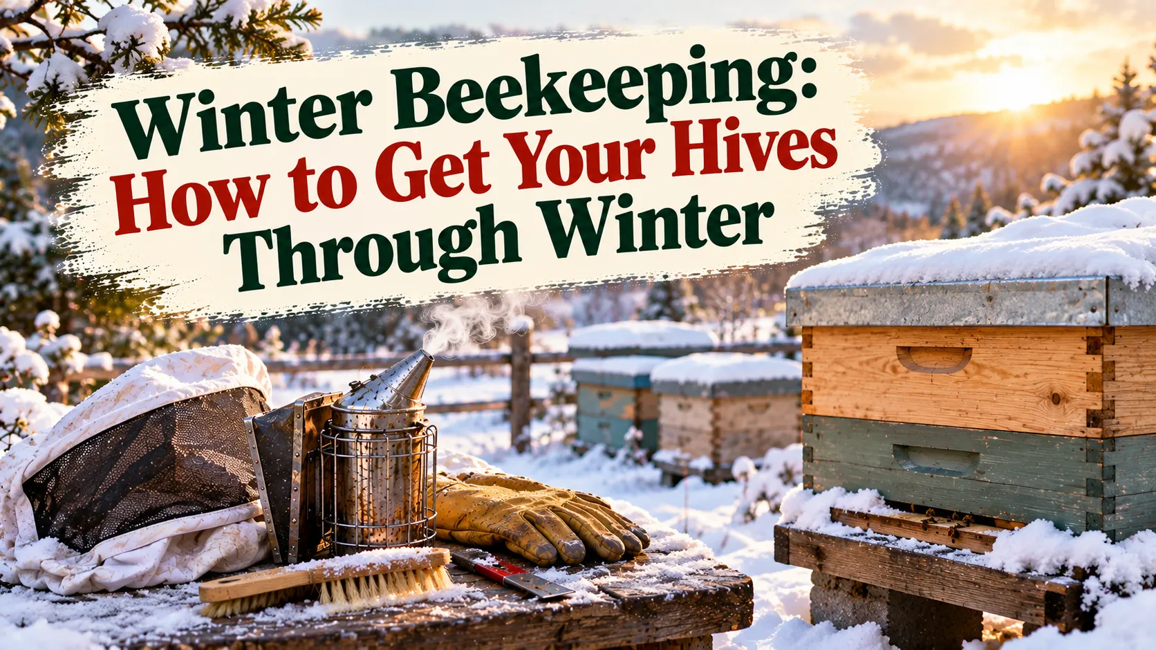 Snow-covered beehives in a winter apiary at sunset with a smoker, gloves, and a bee brush on a snowy table, under the title Winter Beekeeping: How to Get Your Hives Through Winter